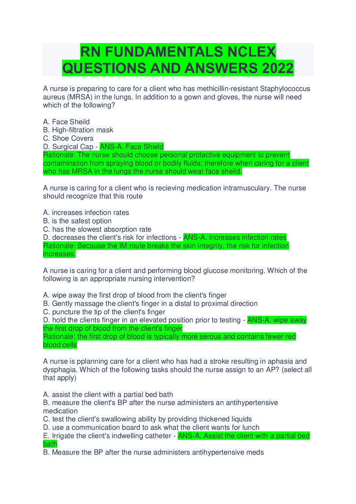 RN FUNDAMENTALS NCLEX QUESTIONS AND ANSWERS 2022 Browsegrades